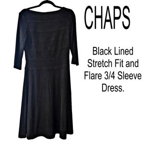 CHAPS Black Knit Lined Stretch Fit & Flare 3/4 Sleeve Dress.
